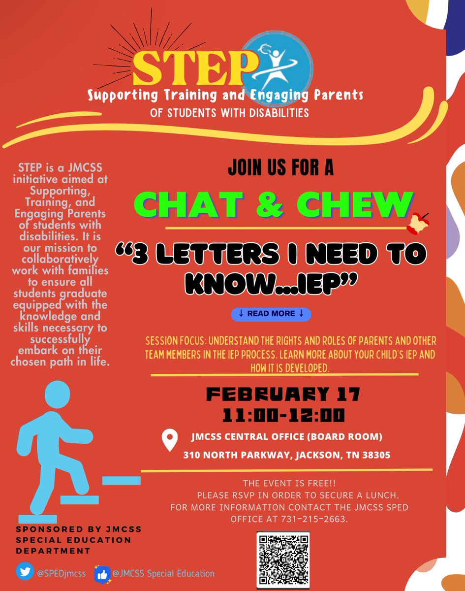 SPEDjmcss's tweet photo. We are thrilled to announce our first STEP session! STEP is a JMCSS initiative aimed at Supporting, Training, Engaging, and Parents of students with disabilities! Check out the flyer for details and remember to sign up!  Link in the comments! @suptking @JMCSchools https://t.co/zhFKYKwdoi