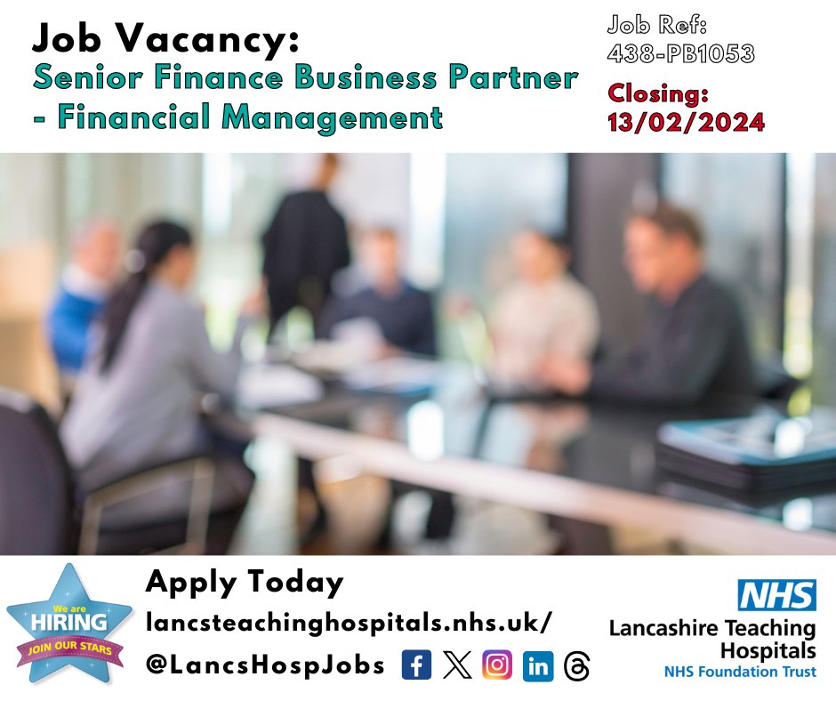 Job Vacancy: Senior #Finance Business Partner - #Financial Management

Unlock your potential and elevate your career with <a href="/LancsHospitals/">Chorley & Royal Preston</a> 

⏰Closes: 13/02/24

Discover more here: lancsteachinghospitals.nhs.uk/join-our-workf…

#NHS #NHSjobs #Lancashire #Preston #BusinessPartner #FinancialManagement