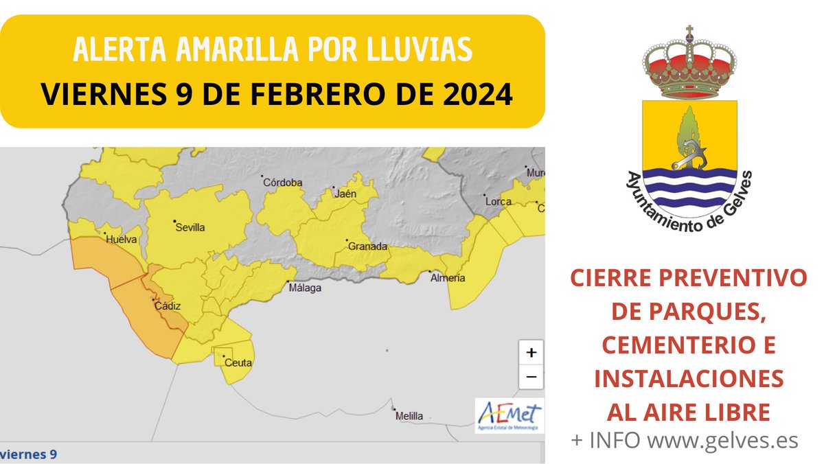 Cierre preventivo de parques, instalaciones deportivas y cementerio ante el temporal de viento y lluvia para mañana viernes 9 de febrero. La Agencia Española de Meteorología ha activado la alerta amarilla por fuertes lluvias y recomienda precaución entre las 00:00 y las 21:00h