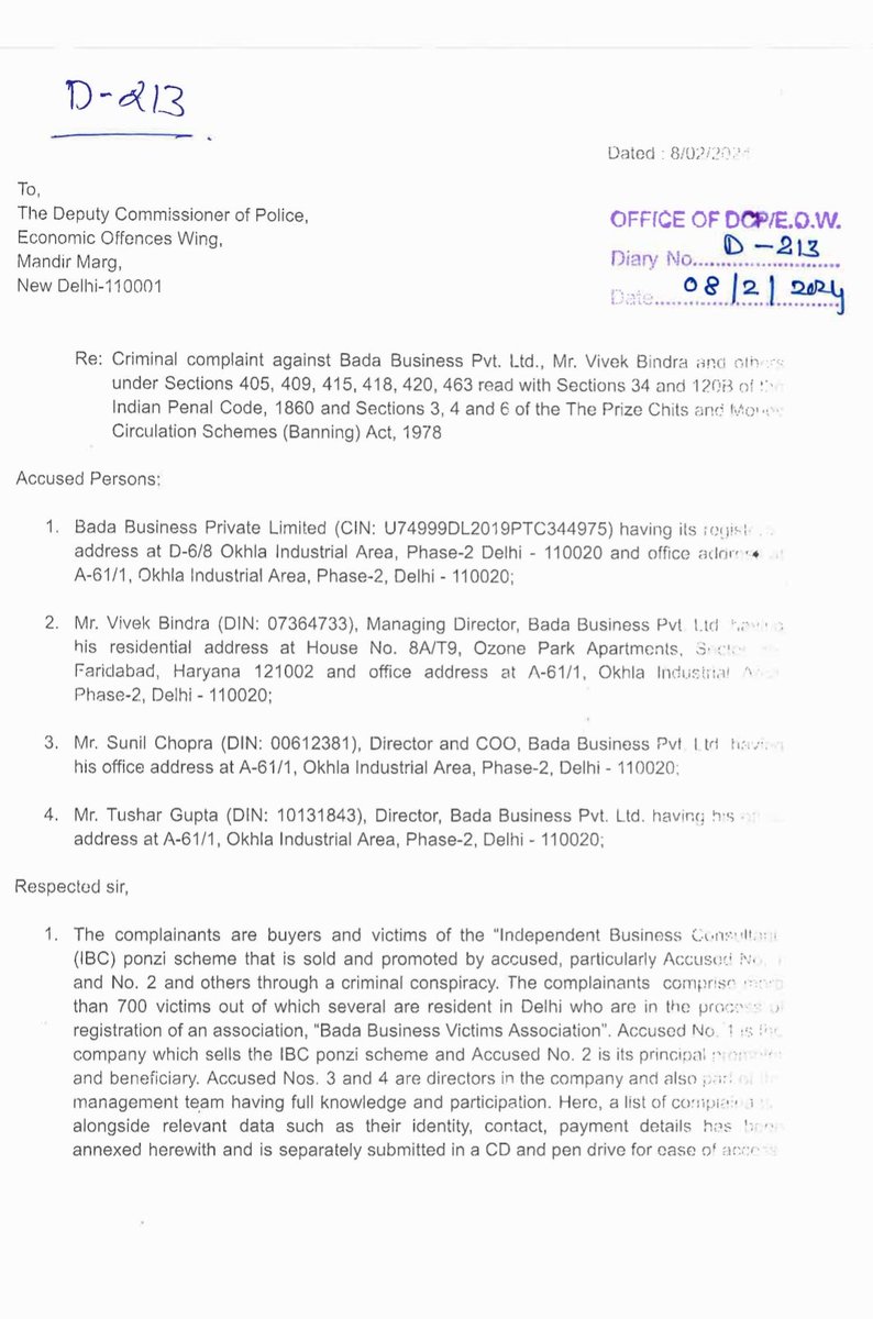 BSaini00007's tweet image. आज @EOWDelhi द्वारा
@DrVivekBindra और उसकी कंपनी @BadaBusinessOff पर केस दर्ज कर लिया गया है , पीड़ितों के एक समूह ने Economic Offences Wing (EOW) में जाकर Vivek Bindra  के खिलाफ यह केस दर्ज कराया। 
#StopVivekBindra 
#500crScam
#StopBadaBusiness 
#MLMScam #fraud