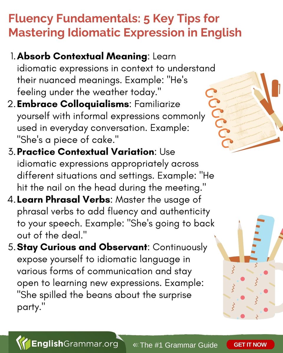 Fluency Fundamentals: 5 Key Tips for Mastering Idiomatic Expression in  English #vocabulary #writing #Englishgrammar
