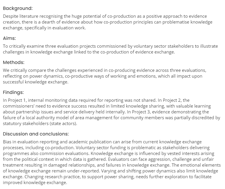 'Obstacles to co-producing evaluation #knowledge: power, control and voluntary sector dynamics' by Louise Warwick-Booth et al.

From <a href="/EvidencePolicy/">Evidence & Policy</a> latest Special Issue ⬇️
doi.org/10.1332/174426…