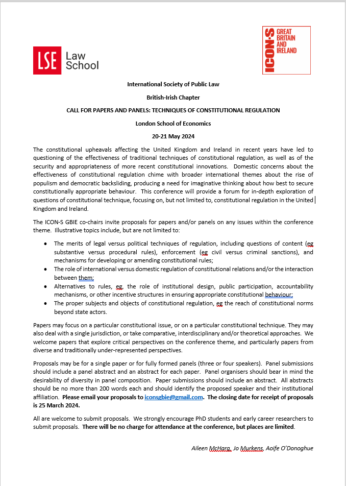 ICONSGBIE's tweet image. 📢The 2024 ICON-S GBIE conference will take place @LSELaw on 20-21 May, on the theme "Techniques of Constitutional Regulation". Call for papers and panels below.
Please share widely.