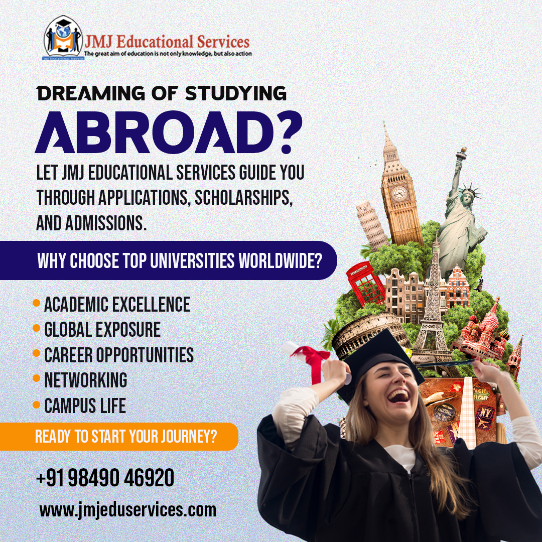 Ready to turn your study abroad dreams into reality? Let JMJ Educational Services be your trusted guide for applications, scholarships, and admissions. Ready to kickstart your journey? Reach out to us now! Call us: 98490 46920 Visit us: jmjeduservices.com #studyabroad