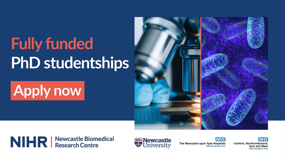 We are offering 2 #PhD #Studentships through @NIHRNewcBRC. Kickstart your #research career and apply online before 15 March: 👩‍🎓Morphology of skeletal muscle across the lifecourse ncl.ac.uk/postgraduate/f… 👨‍🎓Developing experimental medicine trial platforms ncl.ac.uk/postgraduate/f…