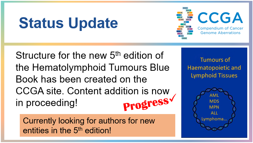 Big news! Structure for the new 5th edition of the Hematolymphoid Tumours Blue Book has been created on the CCGA site. If you are interested in contributing to the writing, see opportunities here: ccga.io/index.php/HAEM…
