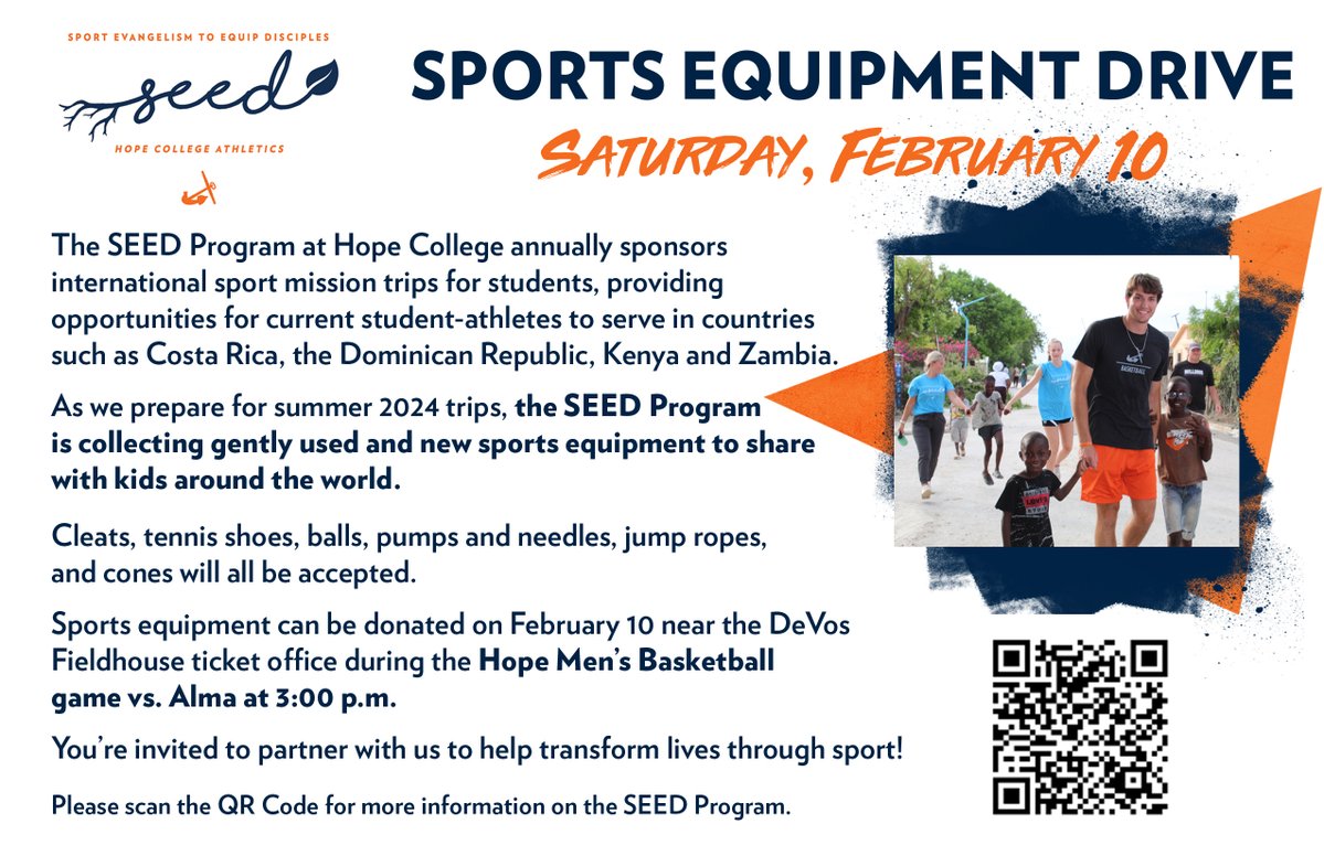 Do some spring cleaning and support gently used and new sports equipment for Hope College's SEED program to share with children around the world. Bring your items to the Saturday, Feb. 10, men's basketball game at DeVos Fieldhouse.