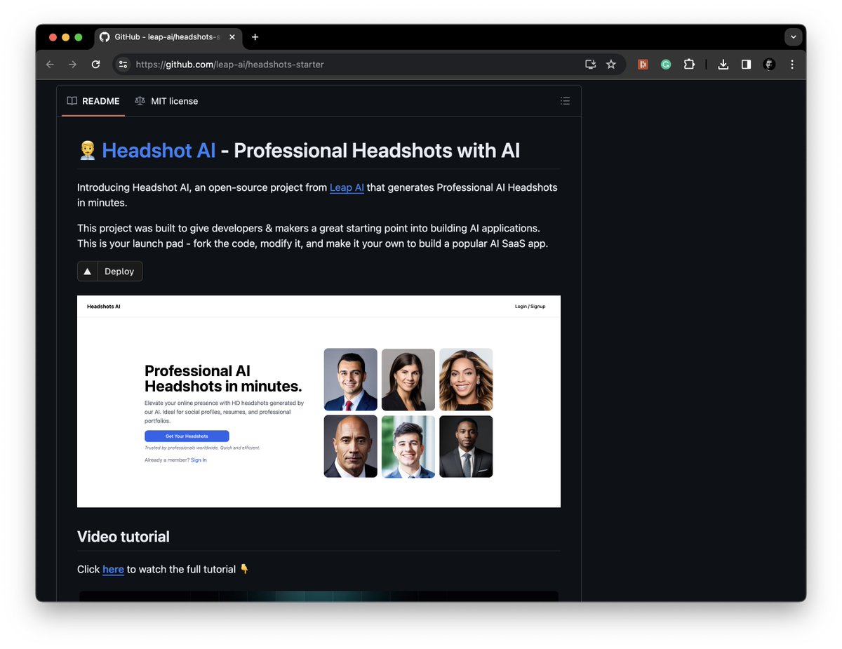 svpino's tweet photo. Here is a free and open-source generative AI application.

It's a professional headshot generator. You can set it up in less than an hour.

Perfect to learn how to build an AI application from scratch. This is an excellent opportunity for developers who want to see an end-to-end generative AI app from the inside.

The application comes with authentication, a database, and Stripe payments. It will show you how to build an AI workflow with a single API call using @leap_ai.

Disclaimer: I have a working relationship with the author of the repo.

The application trains an AI model, generates the headshots, and returns the images to the app.

Here is the GitHub link: https://t.co/HA7VMguwEn

If you want to start with the Vercel template, check this out: https://t.co/AnoakwgjV4.
