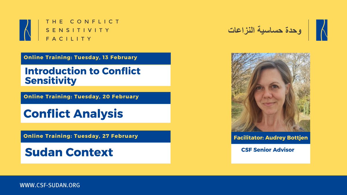 The CSF will host free courses in English to help aid workers assess &amp; navigate conflict sensitivity challenges in #Sudan  

Intro to conflict sensitivity➡shorturl.at/aJPX1
Conflict analysis➡shorturl.at/fwJZ3
Sudan Context➡shorturl.at/jDINW