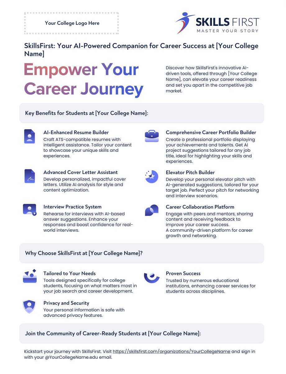 🚀 Elevate your career with our editable flyer featuring SkillsFirst  AI-powered tools! Tailor it to spread the word about resources boosting  resumes, interviews, and more. Ideal for students and alumni aiming  high. 🌟 Dive in! #CareerGrowth #EditableFlyer #MasterYourStory