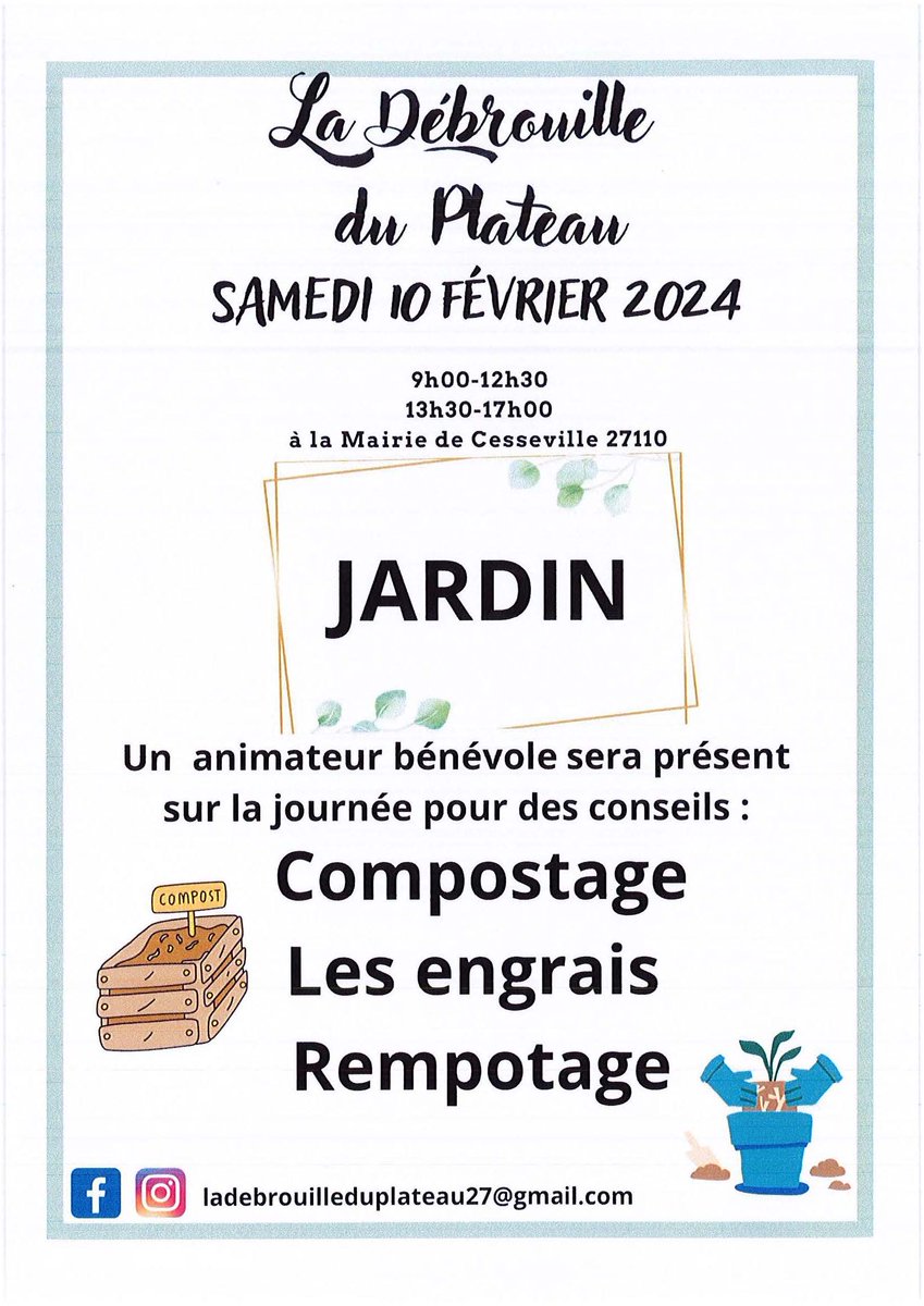 LevavasseurK's tweet photo. NE JETEZ PLUS, #RÉPAREZ ET #RECYCLEZ ‼️

Ce Samedi 10 Février, les bénévoles de LA DEBROUILLE DU PLATEAU, installés à la Mairie de Cesseville, organisent : 
- Un ATELIERS RÉPARATION pour tous types d'objets : électroménager, outils de jardin, informatique et multimédia. 
- Un ATELIER JARDINAGE : compostage, engrais, rempotage.
- Un ATELIER COUTURE : machine à coudre et crochet. 

Une belle initiative #entraide et #benevolat de proximité 👍