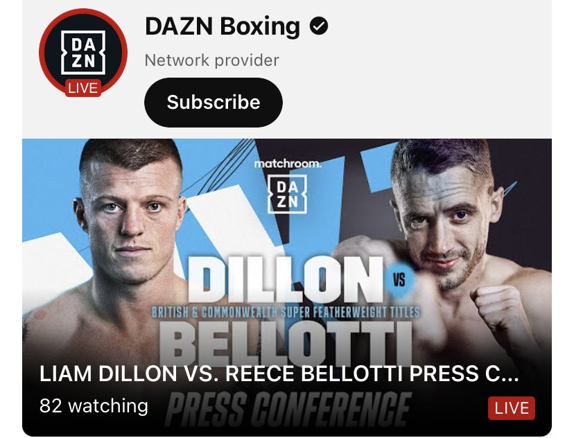 There’s 160 people watching the #DillonBellotti presser on Matchroom’s YT and 82 people watching on DAZN’s YT. 

Genuinely pathetic numbers.
