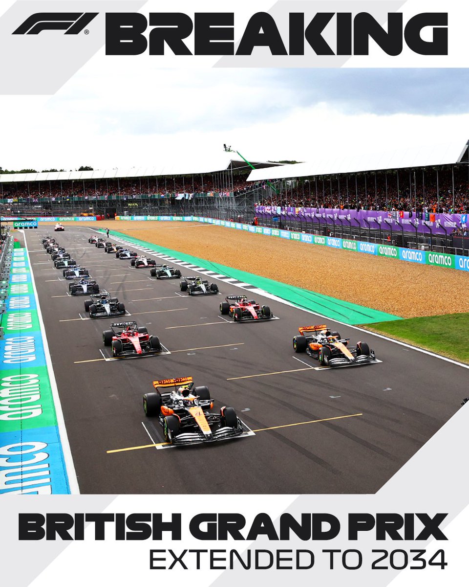 F1's tweet image. BREAKING: The British Grand Prix is confirmed to stay on the calendar until 2034. 

The historic Silverstone Circuit will continue to give us wheel-to-wheel racing for 10 more years!

#F1