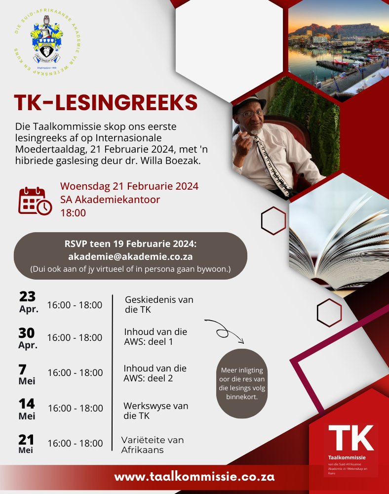 UITNODIGING NA 'N LESING OOR DIE VARIëTEITE VAN AFRIKAANS - 21 Februarie 2024

Die Taalkommissie van die SA Akademie skop die jaar af met 'n hibriese lesing deur dr Willa Boezak waar hy fokus op die variëteite van Afrikaans.