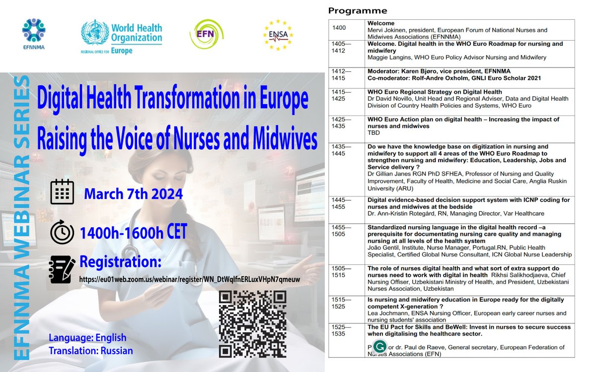 '📢 Join us for a captivating webinar series on Digital transformation and Nursing & Midwifery! 🌐 Gain valuable insights and stay ahead of the curve with our expert speakers. ! Register now at eu01web.zoom.us/webinar/regist… @EFNBrussels @WHO_Europe @ensa_nursing #digitalhealth