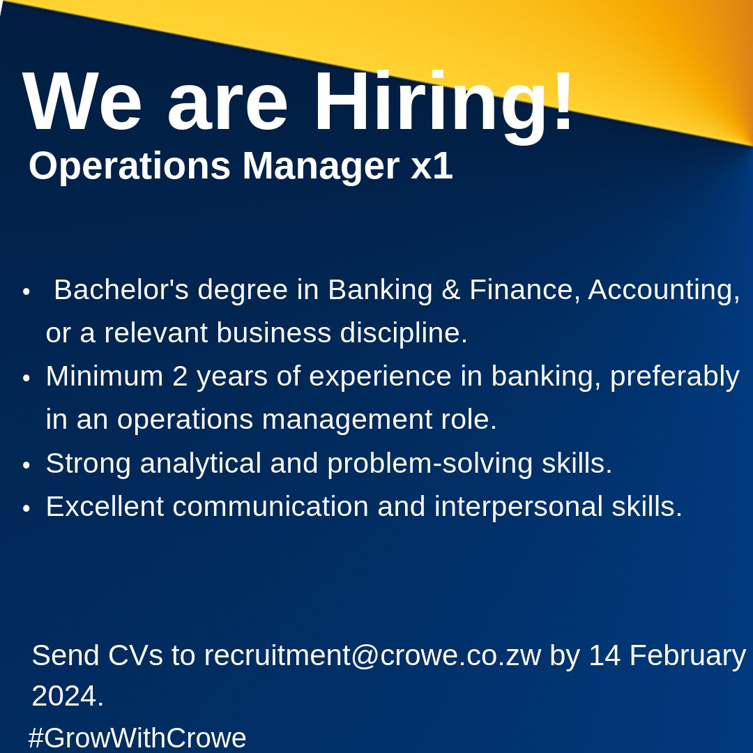 We are #hiring an Operations Manager on behalf of a Microfinance institution.
#CroweZw #WeAreCrowe #Smartdecisions #Lastingvalue #Audit #Tax #Advisory