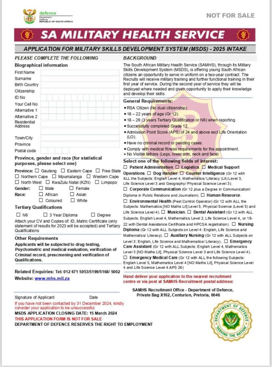 SA Defence force appication forms🔌🔌🔌

✅Army
✅Navy
✅Ariforce
✅Military health service

Closing 15 March 2024