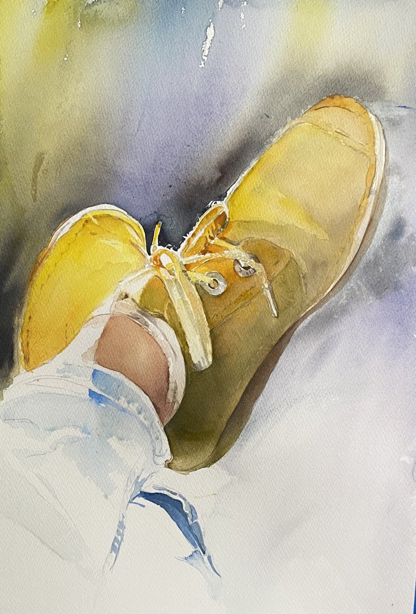 Working on my yellow shoes on a freezing cold day