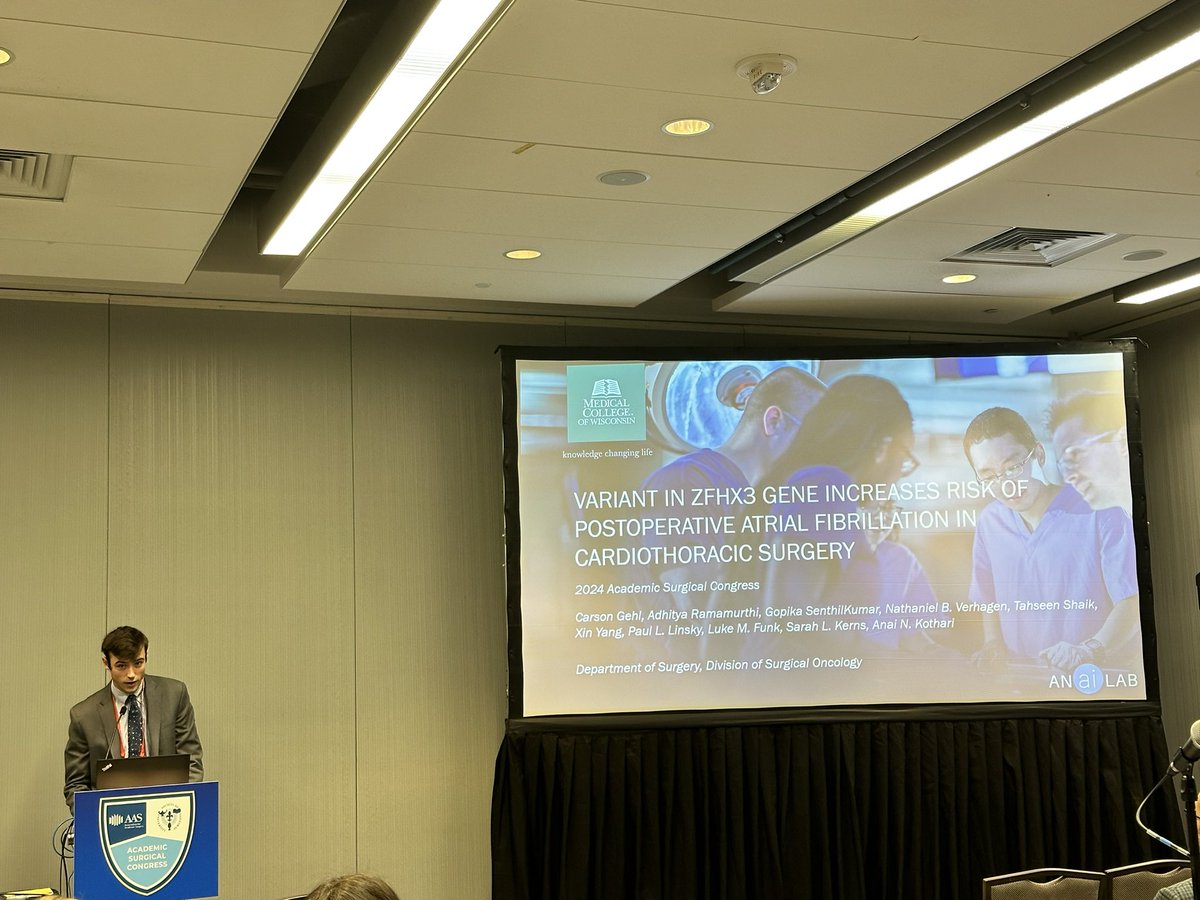 Congrats to M2 @CarsonGehl for presenting his work using @AllofUsResearch displaying how those with genetic risk factors for atrial fibrillation are at increased risk for new-onset postoperative atrial fibrillation following cardiothoracic surgery at #ASC2024 @MCWSurgery