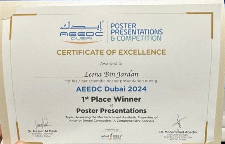 نبارك لطالبة كلية #طب_الأسنان من السنة السادسة
لينا بن جردان

فوزها بالمركز الأول في عرض الملصقات العلمية في مؤتمر إيديك 2024 بمدينة دبي

كما نهنئ طلبة الكلية المشاركين بالبحث
لين المطيري
دلال المدني
محمد العيسى
هادي المعيبد 

بإشراف الدكتور عبدالرحمن بالحداد

Congratulations to