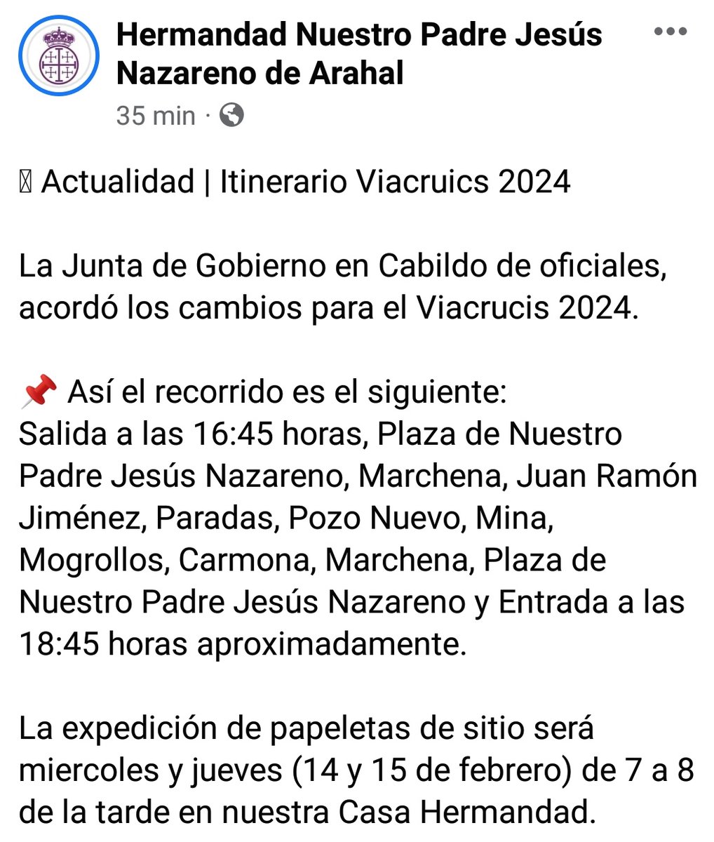 ArahalTN's tweet photo. La Hermandad de Nuestro Padre Jesús Nazareno de Arahal ha publicado el recorrido que realizará el Vía Crucis de su titular cristífero en la tarde del próximo domingo, 18 de febrero de 2024.

📸 Vía Crucis de Nuestro Padre Jesús Nazareno de Arahal del año 2022 https://t.co/XBavrRVeOB