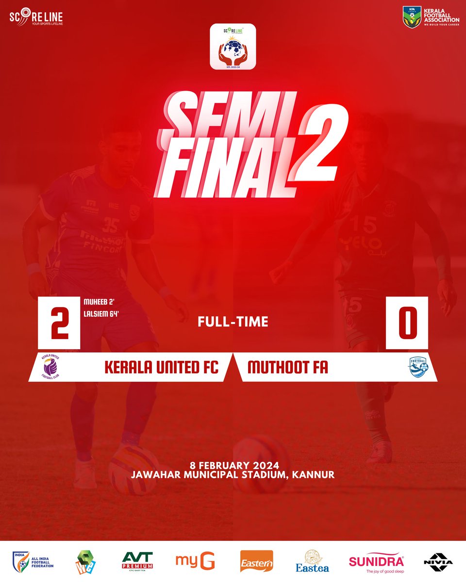 keralafa's tweet photo. ๐ฅ Kerala United FC seals their spot in the Scoreline Kerala Premier League Finals with a commanding 2-0 victory against Muthoot FA! ๐๐
The title defense is on, and the excitement is building up!
#ScorelineKPL https://t.co/6wsFyMX1ci