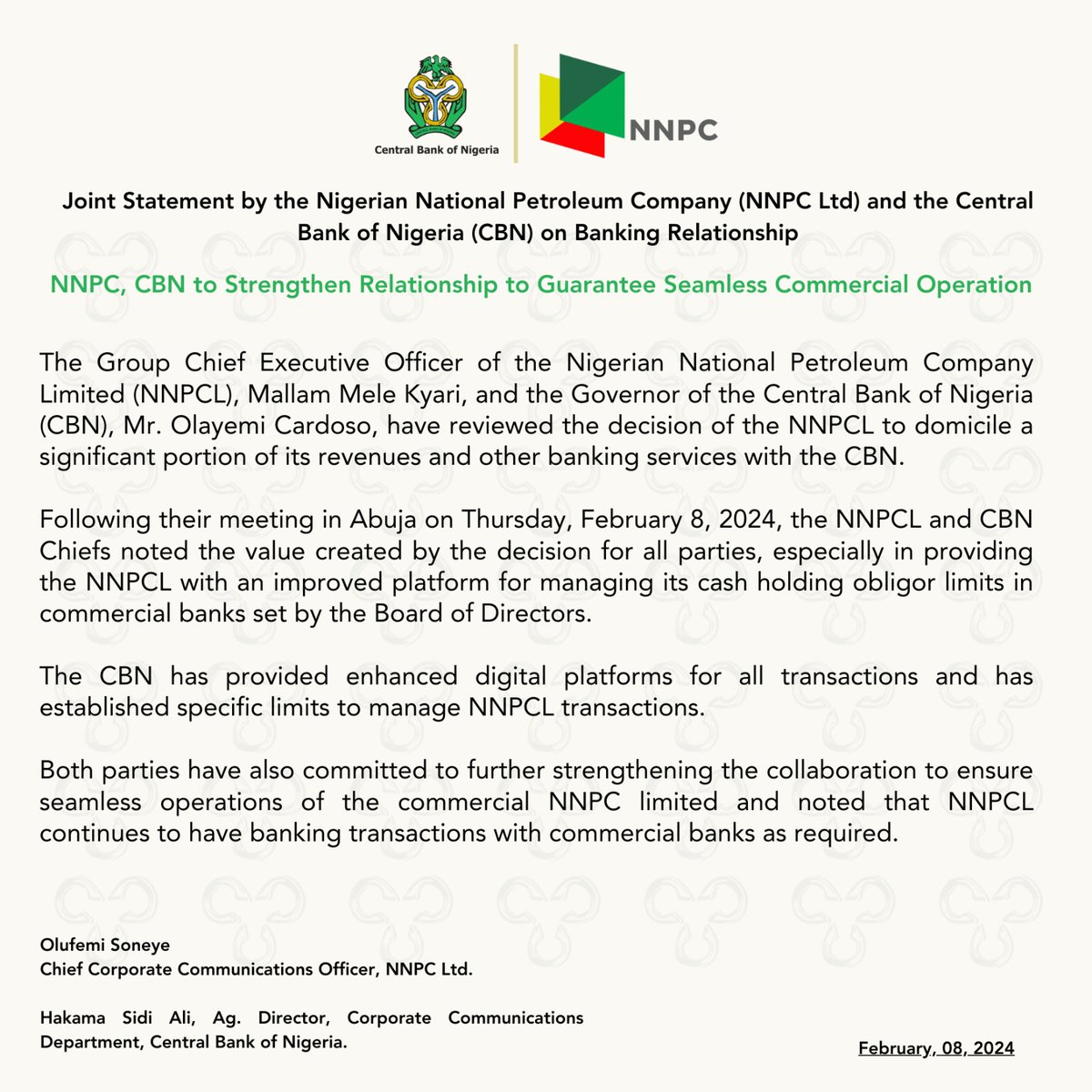 Joint Statement by the Nigerian National Petroleum Company (NNPC Ltd) and the Central Bank of Nigeria (CBN) on Banking Relationship