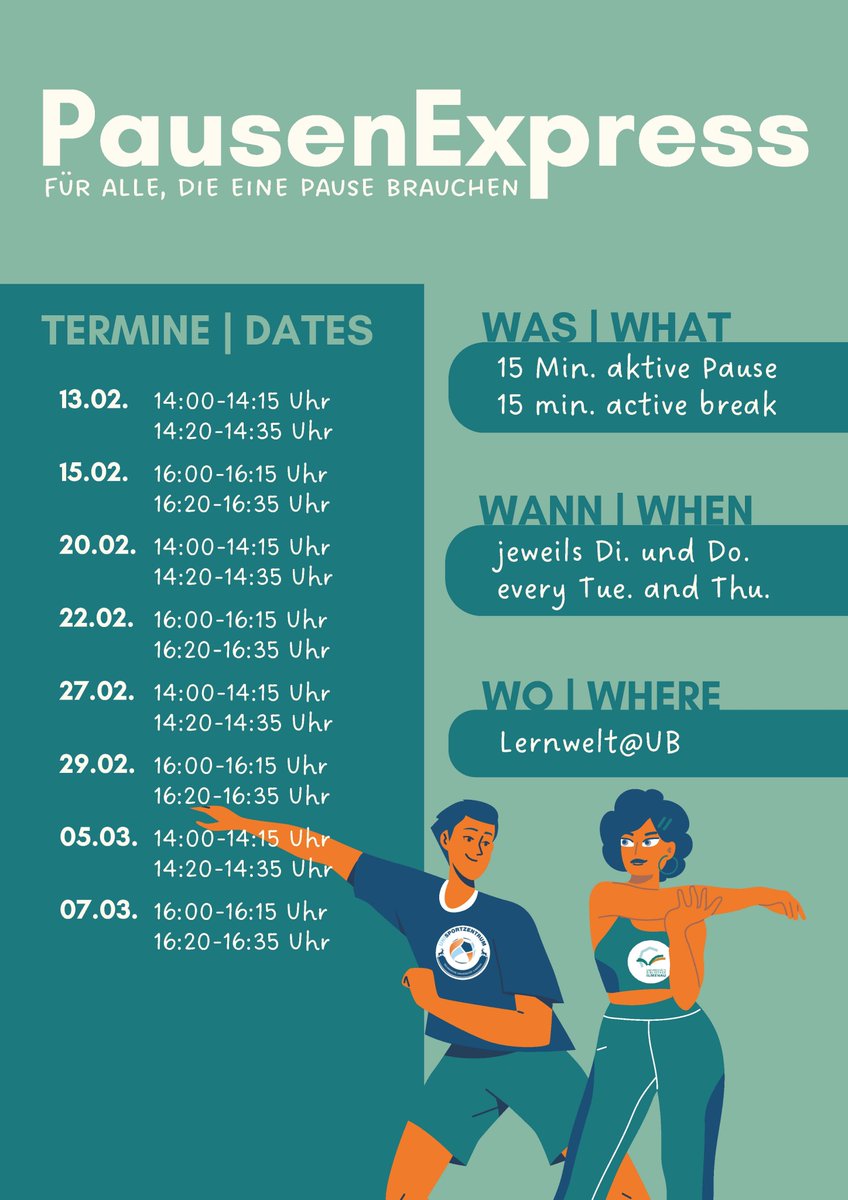 UBIlmenau's tweet photo. Den halben Tag schon in der Unibib bzw. am Schreibtisch verbracht? Eigentlich tut schon alles vom Sitzen und Denken weh? Dann macht doch eine kleine Bewegungspause! Ab dem 13. Februar geht es los.
#UBIlmenau #Pausenexpress #TUIlmenau #Aktivepause
👇👇👇 https://t.co/Azl2H7HeqV