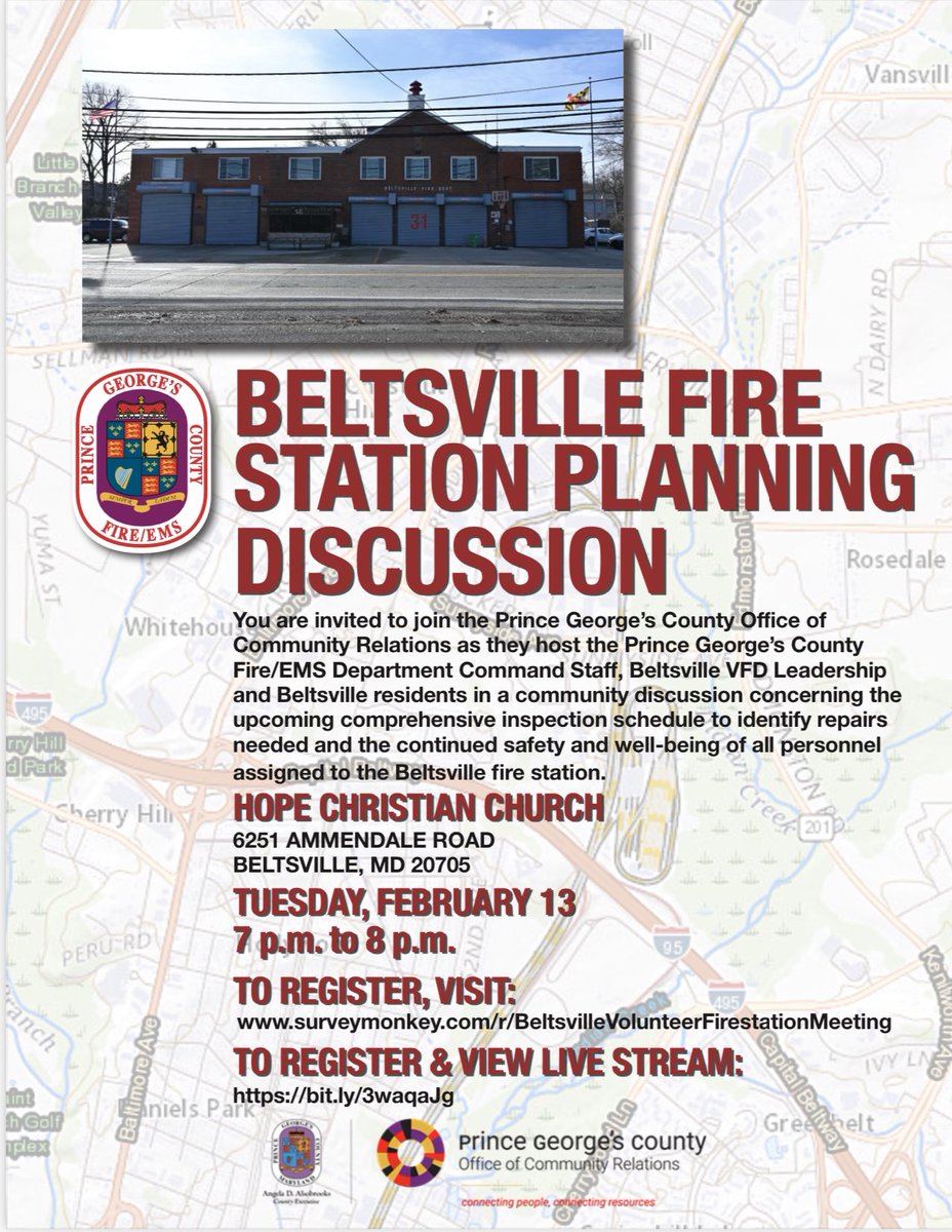 Join the PGFD Command Staff, Beltsville VFD Leadership and Beltsville residents in a community discussion concerning the schedule for repairs & the safety of personnel assigned to the Beltsville fire station. To register & view the meeting online: bit.ly/3waqaJg