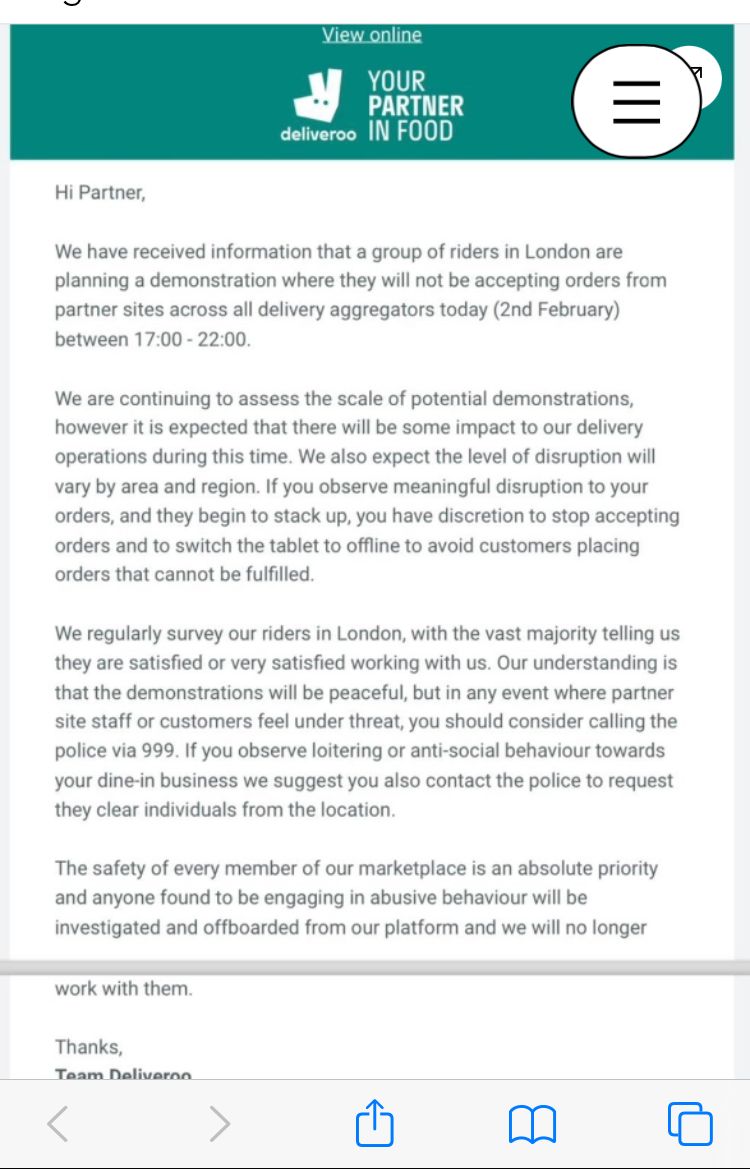 Deliveroo sent this inflammatory email to partner restaurants warning them of the 2/2/24 strike and advising they call the police in case of 'loitering and anti-social behavior'. Striking drivers are not criminals. Shame on Deliveroo for encouraging this police repression!