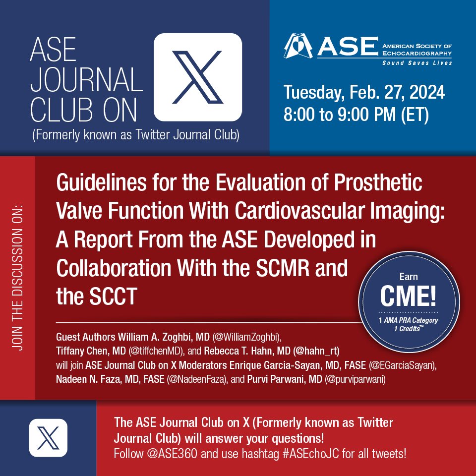 Mark your calendars and save the date for the #ASEchoJC discussion of the new @ASE360 prosthetic valve guidelines on 02/27 at 8 pm ET with guest authors @WilliamZoghbi @hahn_rt @tiffchenMD & co-moderators @NadeenFaza & @purviparwani 👉Read the guideline: asecho.org/guideline/guid…