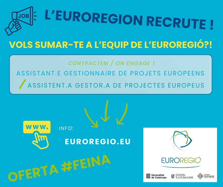 🇪🇺Vols treballar contribuïnt als projectes europeus de l'#euroregio? Envian's la teva candidatura abans del 29/02/24! 

🔊Si tu as envie de venir travailler à l'#euroregion en soutien de projets #UE, envoie-nous ta candidature avant le 29/04/24 !
#Feina #emploi #cooperation