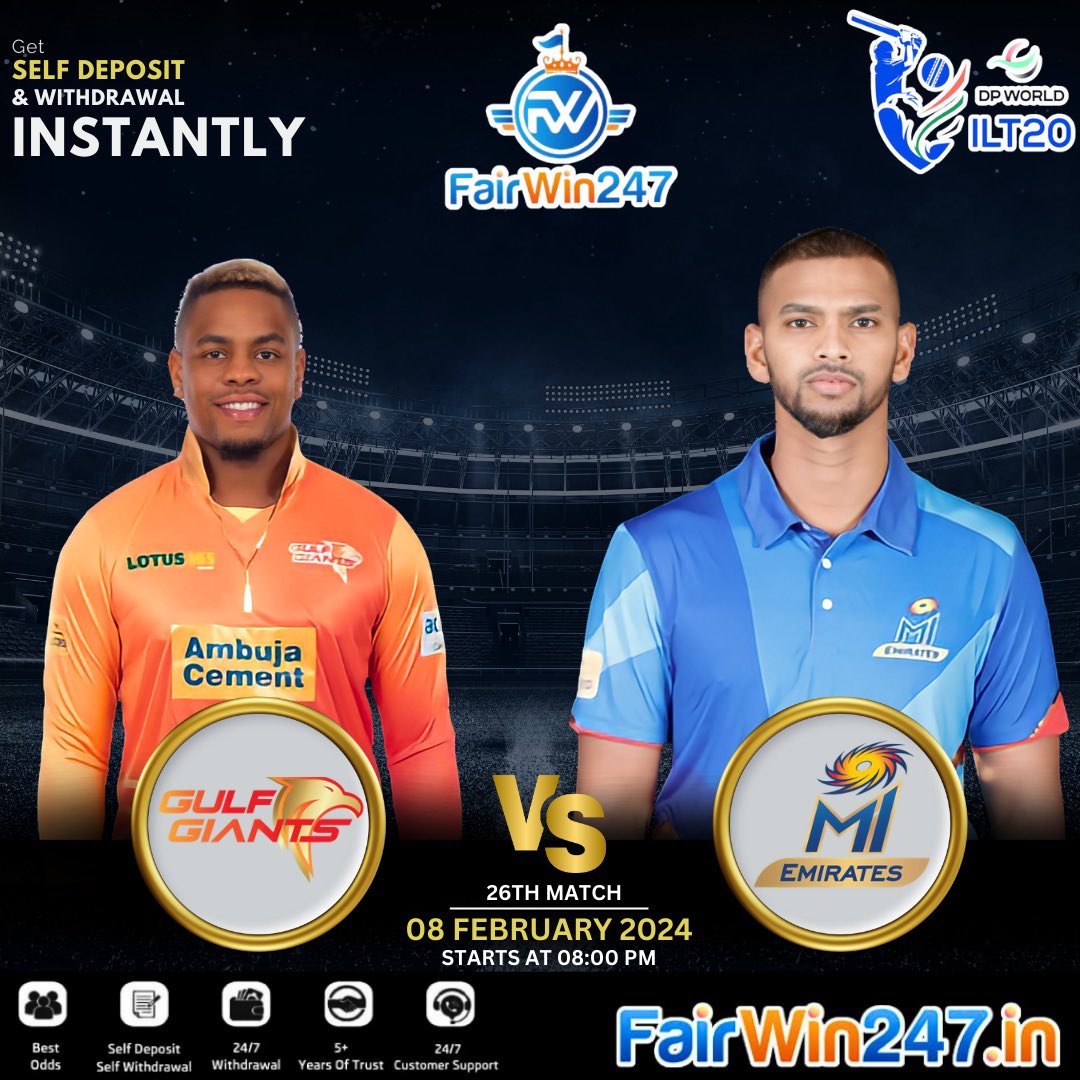 FairWin_247's tweet photo. Last two matches in #DPWorldILT20: 

Gulf Giants - ✅✅
MI Emirates - ✅✅

Who will win tonight's #GGvMIE match?

Play Now 👉🏻 https://t.co/QOSjuheCpz

▪️Toss
▪️Match Odds
▪️Runline/Fancies
▪️Cash Out
▪️24/7 Self Deposit/Withdrawals

Play Now and Win Big !!

#Fairwin247 #Fairwin https://t.co/MnD6rZNTVI