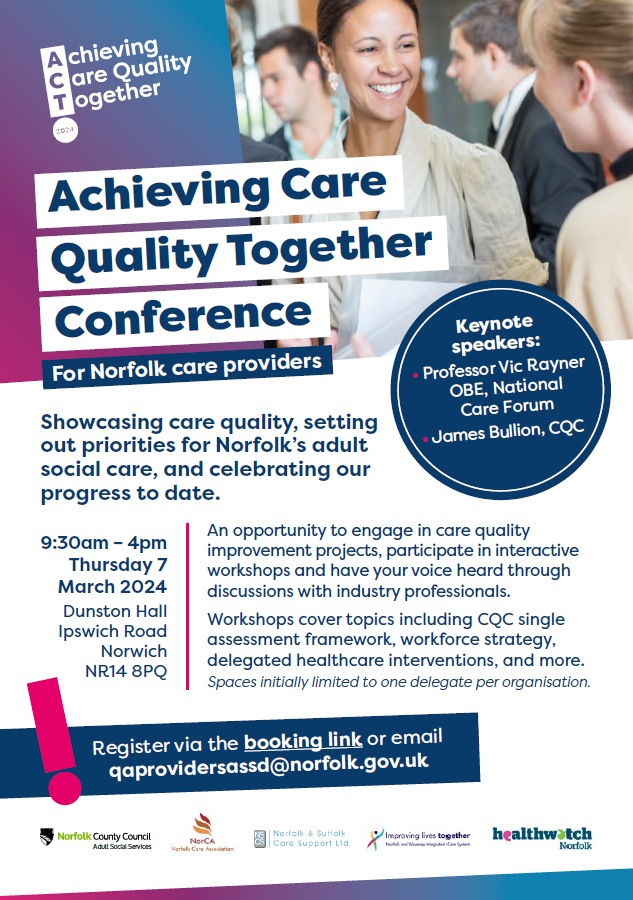 Lots of exciting speakers and workshop facilitators at this upcoming event in March. Especially excited for the Feedback session and IT sessions with the new CQC model. Looking forward to seeing lots Norfolk Adult SC providers there! #NorfolkACTconf24 tockify.com/socialcareenga…