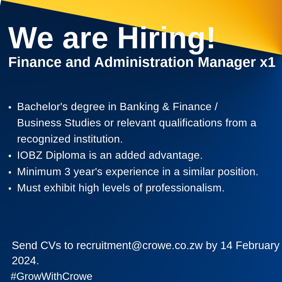 We are #hiring a Finance and Administration Manager on behalf of a Microfinance institution.
#CroweZw #WeAreCrowe #Smartdecisions #Lastingvalue #Audit #Tax #Advisory