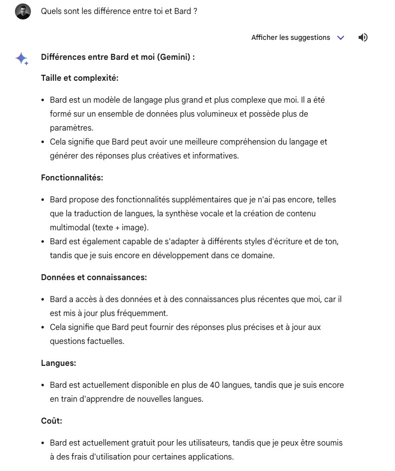 Bref, j’ai essayé Gemini, qui m’a dit qu’il était moins bon que Bard😅😂
#Gemini