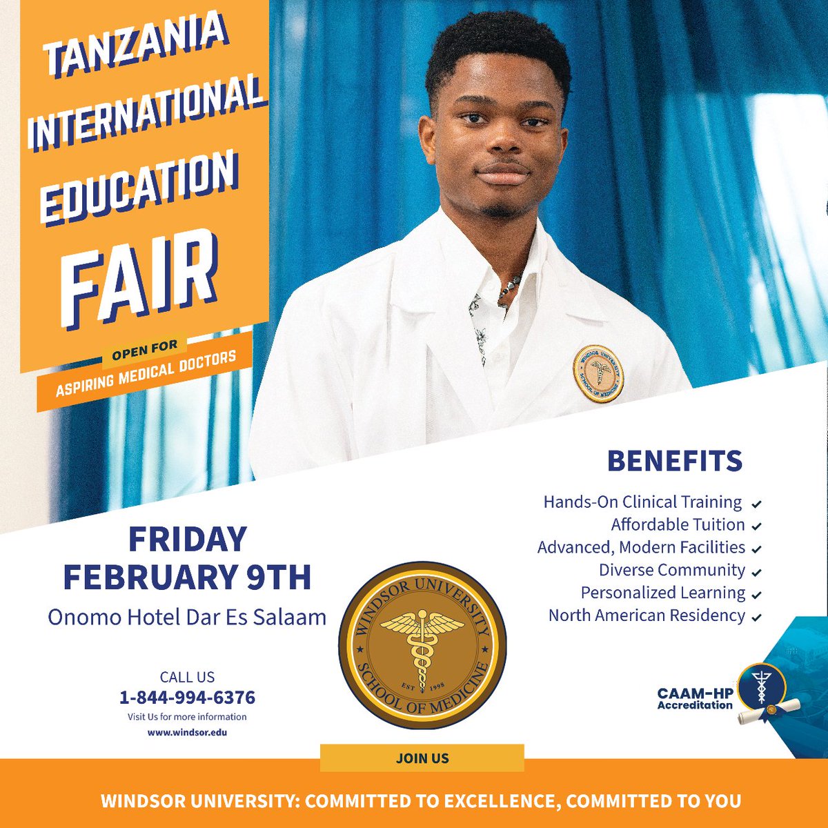 WUSOM's tweet photo. Join Us at the Tanzania International Education Fair on February 9th! 📚✈️
🗓️ Date: February 9th
🏢 Venue: Onomo Hotel Dar Es Salam

#windsoruniversityschoolofmedicine #medicalschool #windsor #caribbeanmedicalschool #medstudents #careerinmedicine #wusom #medicaleducation https://t.co/JW5dNEd33k