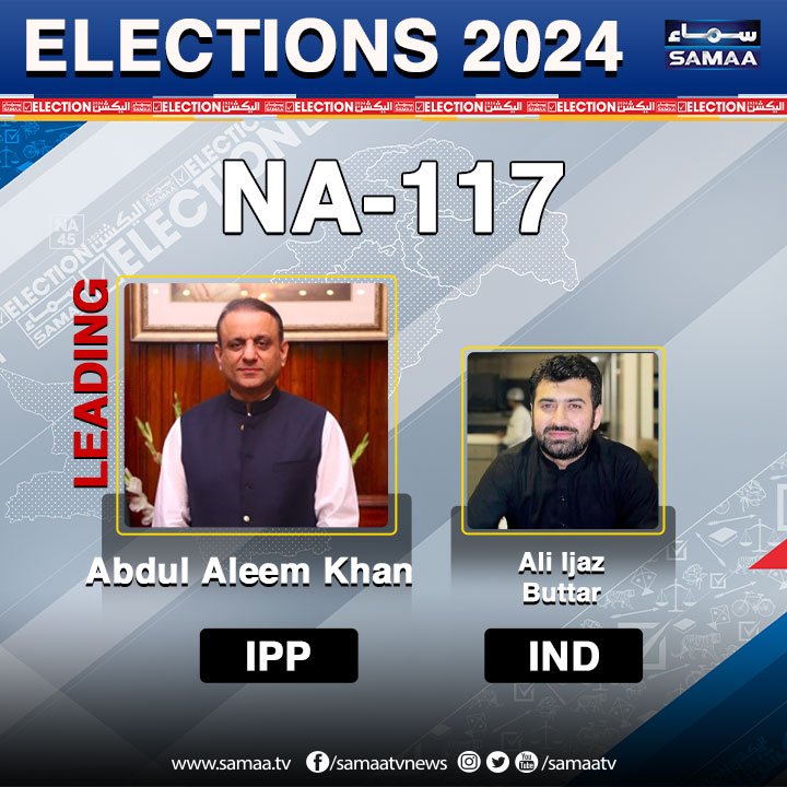 SAMAATV's tweet photo. Pakistan Elections 2024: Unofficial Results!

#NA117 #Lahore: #IPP's Abdul Aleem Khan leads with 2235 votes while IND Ali Ijaz Buttar gets 615 votes!

#SamaaTV #SamaaElections #Elections2024 #GeneralElections2024 #PakistanElection2024 https://t.co/cLrbaAO3MQ