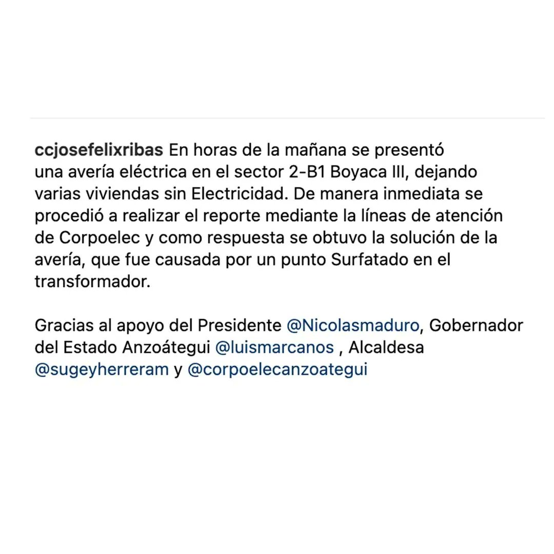 EnComunaSi's tweet photo. #NosLlegaDesdeLasComunas: vía instagram🤳
 
Gracias a la autogestión del #poderpopular y el apoyo de #corpoelec, se solventó una avería eléctrica presentada en el sector 2-B1 de Boyacá III, de la #comuna Hugo Chávez Frías 2013.

#EnComunaSiPodemos https://t.co/PShksMva2f
