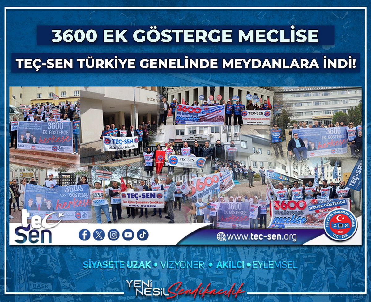 TEÇ-SEN TÜRKİYE GENELİNDE MEYDANLARA İNDİ! TEÇ-SEN bugün Türkiye genelinde eş zamanlı olarak “3600 EK GÖSTERGE BİR AN ÖNCE MECLİSE” talebiyle eylem yaptı. TEÇ-SEN Genel Başkanı Ümit Demirel, 'Cumhurbaşkanımız Recep Tayyip Erdoğan tarafından birinci dereceye gelen tüm kamu