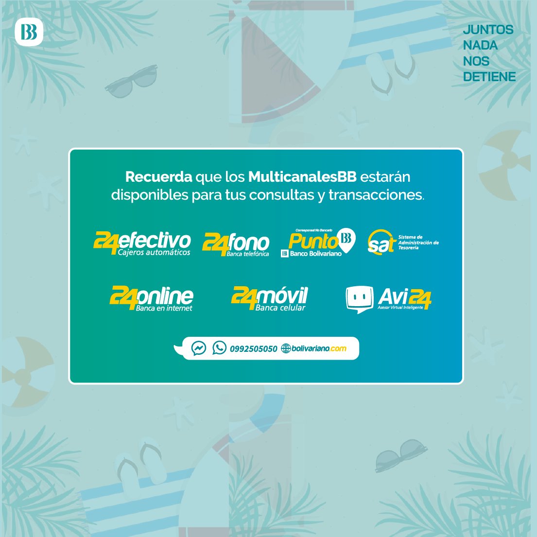 BcoBolivariano's tweet photo. ¡Nos mueve celebrar este carnaval junto a ti!🤝🎭🎉 Conoce nuestros horarios de atención este fin de semana largo. 🗓️ Recuerda que los Multicanales BB estarán disponibles para todas tus consultas y transacciones.📲 💻
Encuentra tu #24efectivo más cercano: https://t.co/KGFYRzNBwe https://t.co/gtctq8mGgy