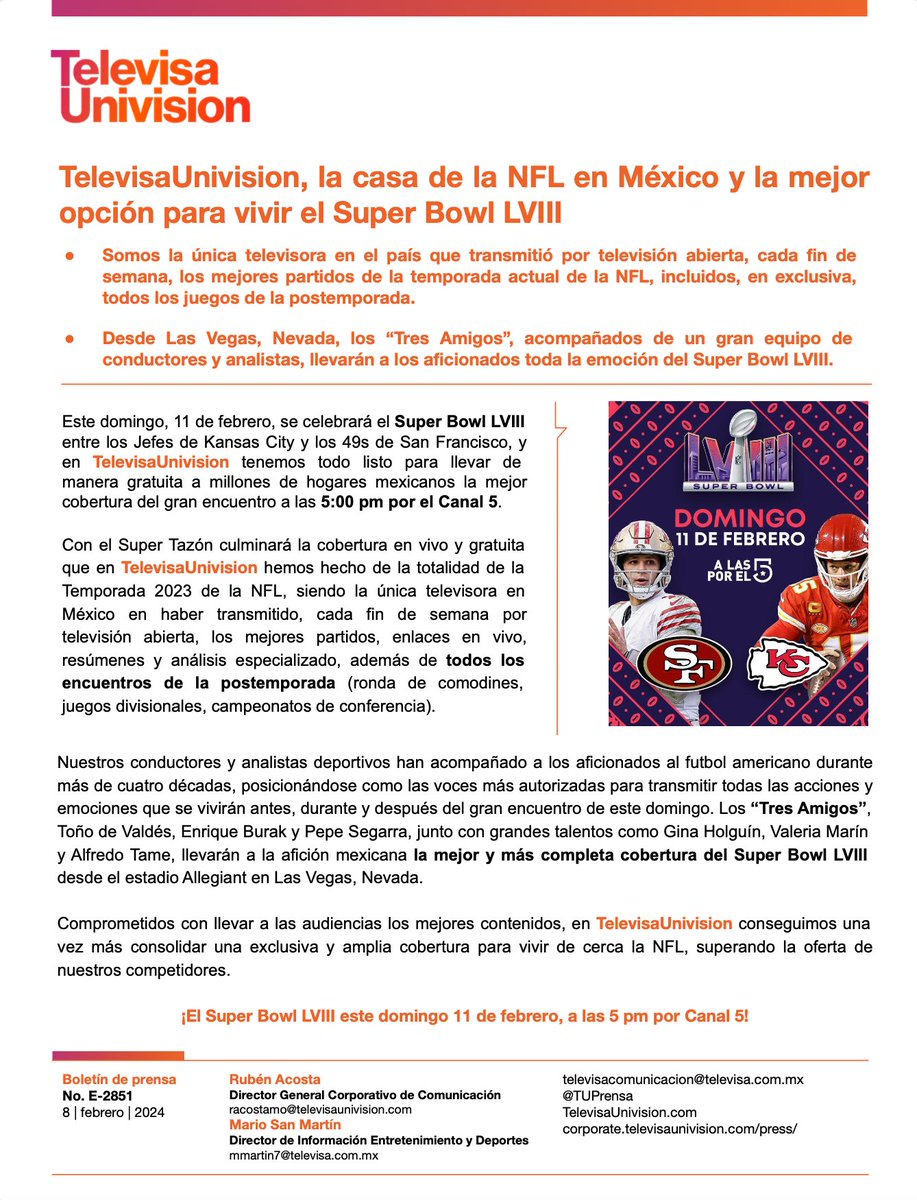 Este domingo, 11 de febrero, no te puedes perder el #SuperBowlLVIII entre @Chiefs y @49ers. En @TUDNMEX tendrás la mejor cobertura a cargo de @EnriqueBurak, @pepesegarra y @adevaldes #SBEnTelevisa 5:00 pm por @MiCanal5