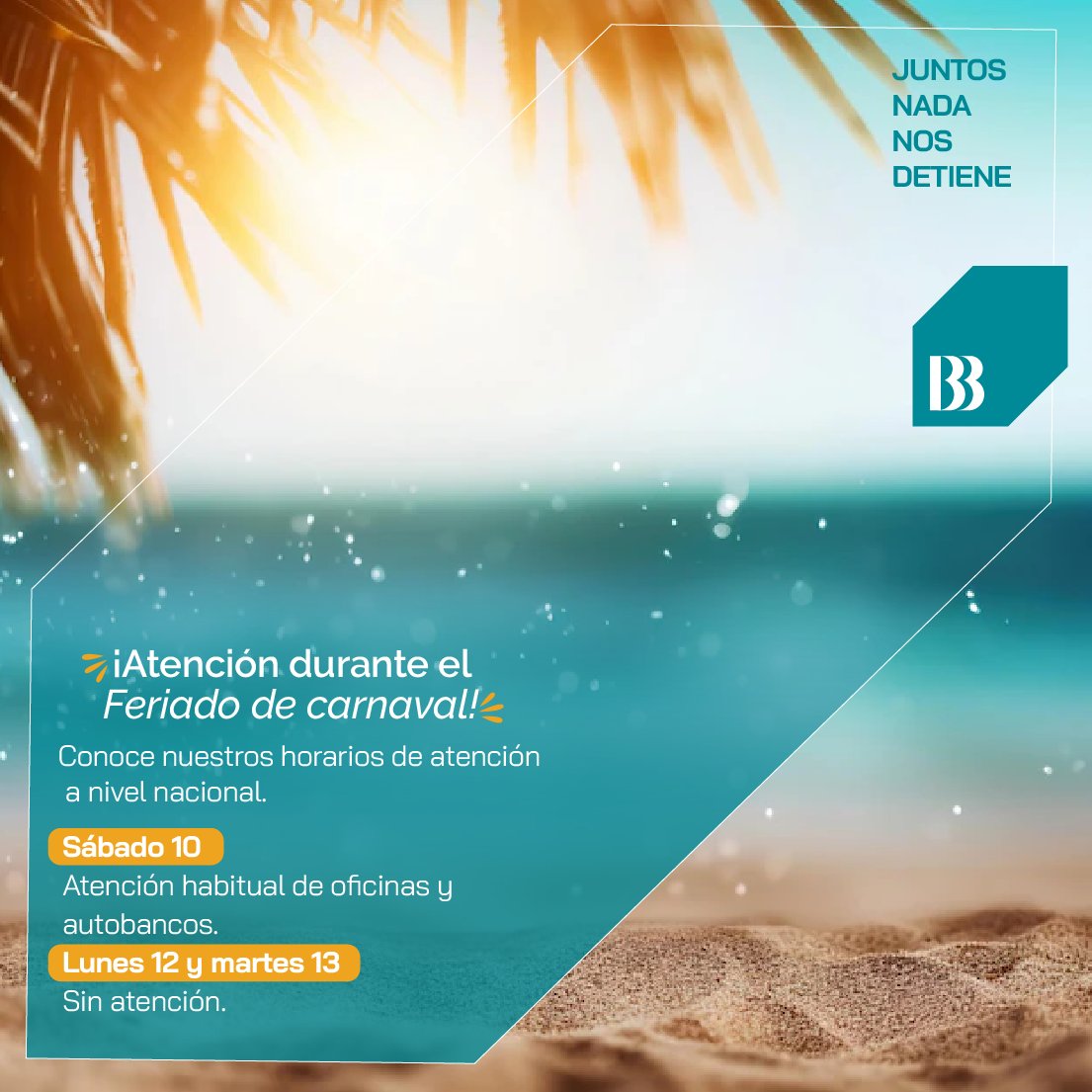 BcoBolivariano's tweet photo. ¡Nos mueve celebrar este carnaval junto a ti!🤝🎭🎉 Conoce nuestros horarios de atención este fin de semana largo. 🗓️ Recuerda que los Multicanales BB estarán disponibles para todas tus consultas y transacciones.📲 💻
Encuentra tu #24efectivo más cercano: https://t.co/KGFYRzNBwe https://t.co/gtctq8mGgy