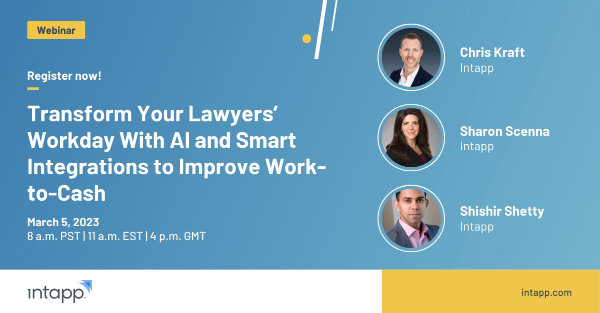 intapp's tweet image. Join our webinar on March 5 where we&apos;ll share how #IntappTime and #IntappBillstream can provide lawyers with a more transparent, agile path to managing work-to-cash.

 hubs.li/Q02k8Vyz0