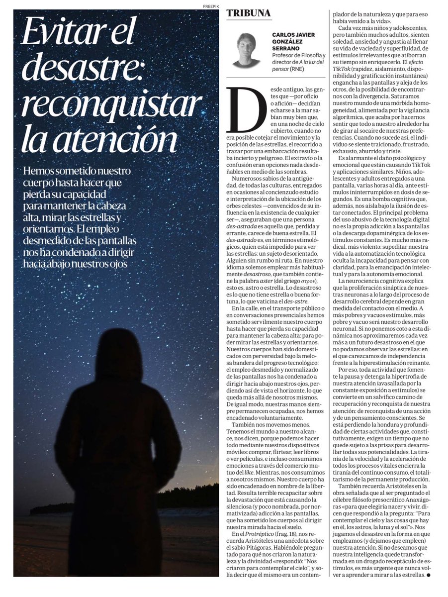 Cada momento que conseguimos apartar nuestras miradas de las pantallas es un paso hacia nuestra independencia cognitiva y hacia la reconquista de nuestra atención. El problema no son las pantallas, sino todo aquello que dejamos de hacer cuando decidimos estar frente a ellas.