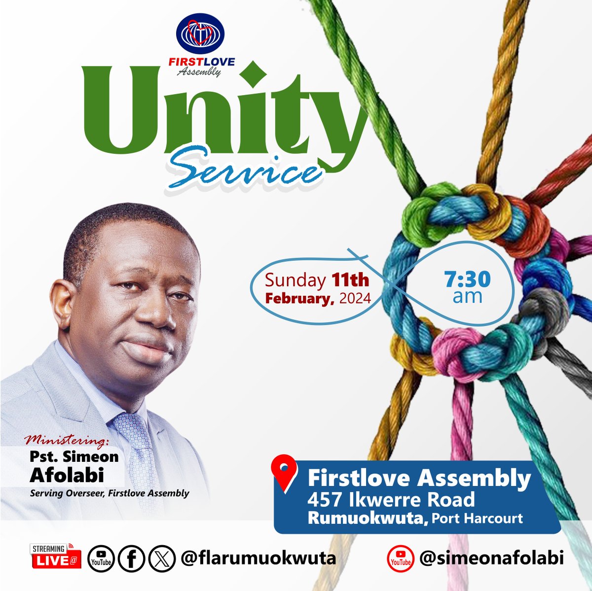 flassembly's tweet image. It's another Sunday that you would not want to miss - join us in this global Unity Service and be renewed by God's Word
11TH FEBRUARY, 2024
7:30AM (GMT +1)
Ministering: Pastor Simeon Afolabi

#FirstloveAssembly
#SimeonAfolabi
#WordBasedChurch
#UnityService
#BibleBelievingChurch