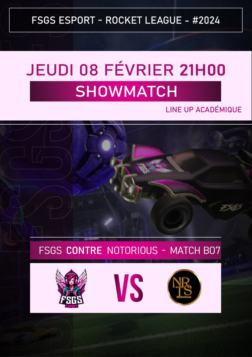 FSGSEsport's tweet photo. Showmatch de l'équipe Rocket League.🚀

Retrouvez-nous ce jeudi 08 février à 21h sur Twitch pour pouvoir participer au match retour contre la Notorious.

🔵@FSGSEsport
🟠@NTRS_Esport
📸https://t.co/zA2NVdl3b5 https://t.co/kgq1LN0bUL