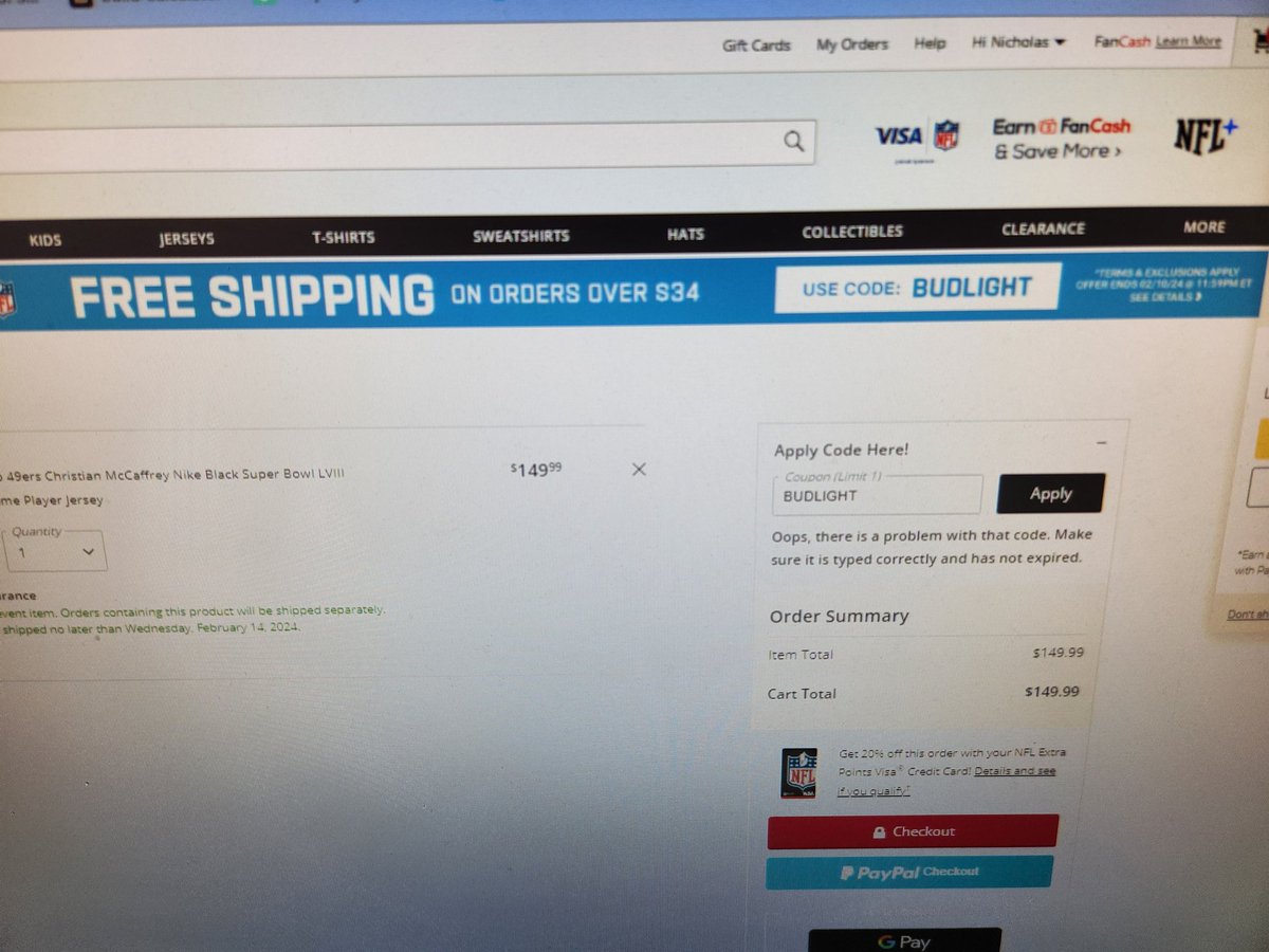 T3P7Y's tweet photo. #nflshops none of your shipping promo codes work. Not even the big #budlight one on your you website. Whole website seems pretty shitty for a multi billion dollar company. Can't even give the #49ers a similar practice field. #shameonyou https://t.co/CdQ4VEuR71
