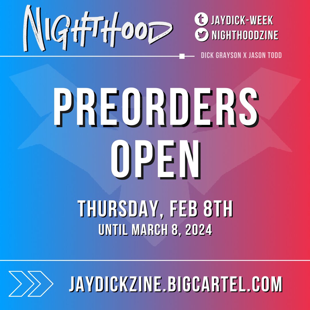 nighthoodzine's tweet photo. ❤️💙 NIGHTHOOD: Preorders Open!

It’s finally time! Preorders for Nighthood: A #Jaydick Zine are officially open!

This zine features the work of 50+ creatives. We are so excited to share these products with you all!

Links + Details Below ⬇️ https://t.co/Q5HuTDFvtF
