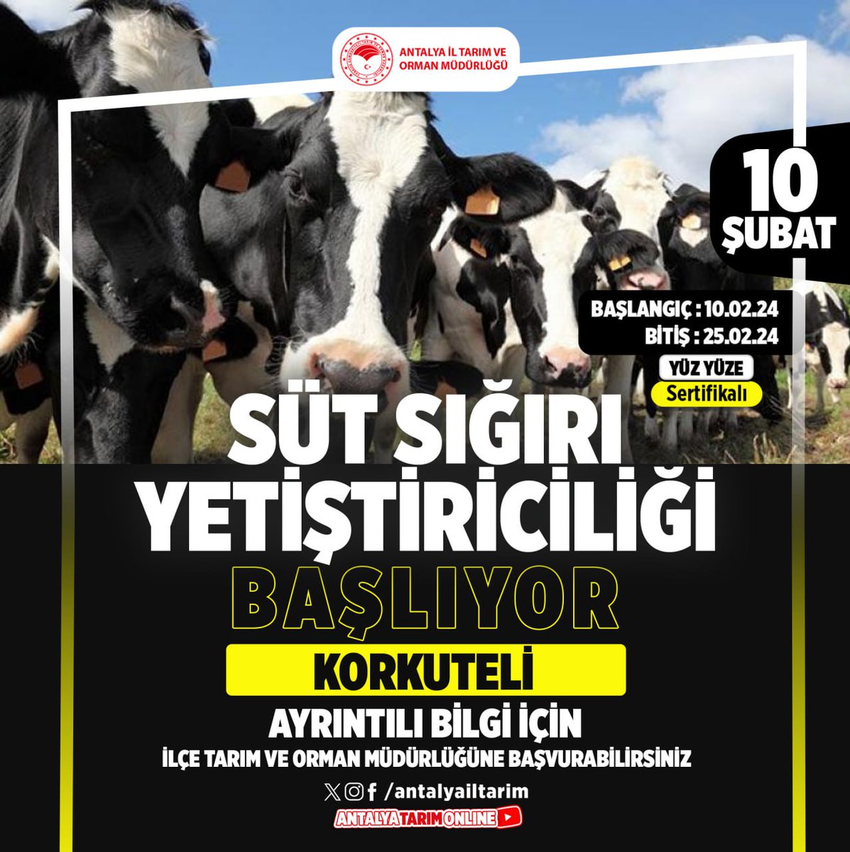 #SütSığırıYetiştiriciliğiKursu Başlıyor.📣

Detaylı bilgi için #Korkuteli ilçe tarım müdürlüğümüze başvurabilirsiniz...

#GelecekTarımda
#TarımAntalyada

<a href="/FratErkal/">Fırat Erkal</a> <a href="/ibrahimyumakli/">İbrahim Yumaklı</a>